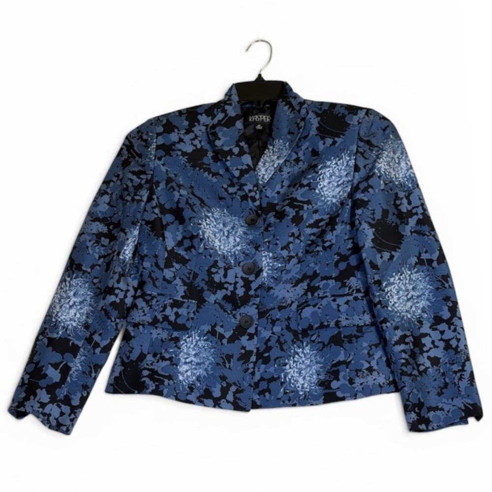Kasper Floral Button Blazer Size 6 Petite Navy and Black
